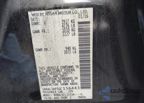 2016 Nissan Altima 2.5 Sr z USA, uszkodzony, nr VIN 1N4AL3AP1GC156443